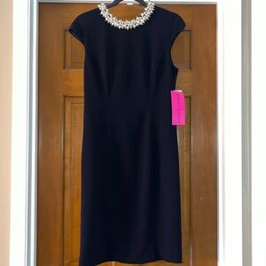 NWT Betsey Johnson Pearl Rhinestone Neck Cap Sleeve Navy Dress - Size 6
